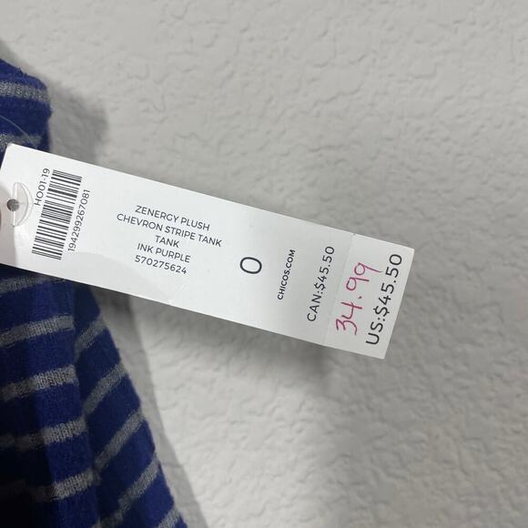 Chico's 0/Small Zynergy Plush Chevron Striped Tank Ink Purple Crew Sleeveless - Picture 6 of 8